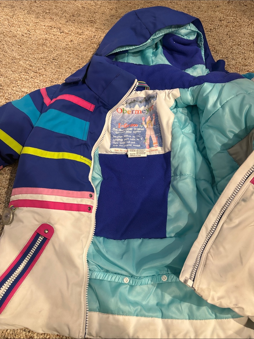 Obermeyer Kids' Colorblock Snow Jacket in Royal Blue, Aqua & Pink